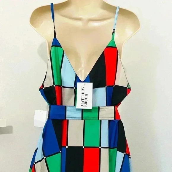 Matthew Bruch NWT Patchwork Midi Dress Belted Fit & Flare - Picture 9 of 14